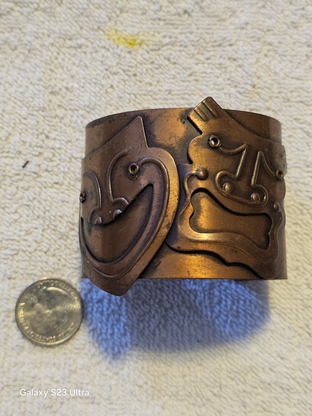 Handcrafted Copper Cuff Bracelet - Theater Mask Design - Warm Copper